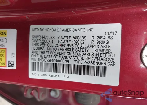 2018 Honda Accord Ex-L 2.0T from USA, damaged, VIN 1HGCV2F50JA000798